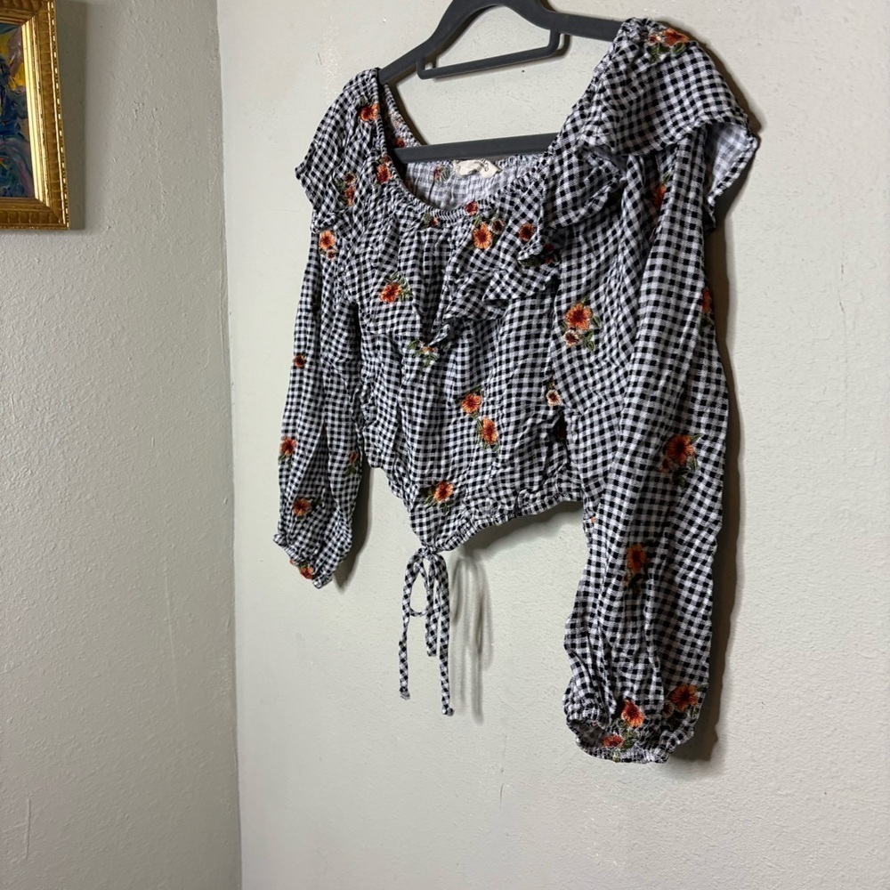 Peach Love Floral Gingham Crop Top Women's Top Size Large - Picture 2 of 6